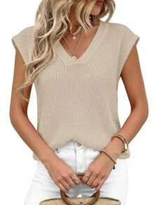 Women's Knit Sweaters Vest Lightweight Spring Cap Sleeve V Neck Tank Tops Summer Going Out Outfits - Apricot - View 4