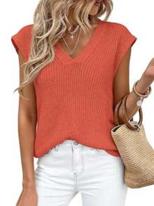 Women's Knit Sweaters Vest Lightweight Spring Cap Sleeve V Neck Tank Tops Summer Going Out Outfits - Orange - View 3