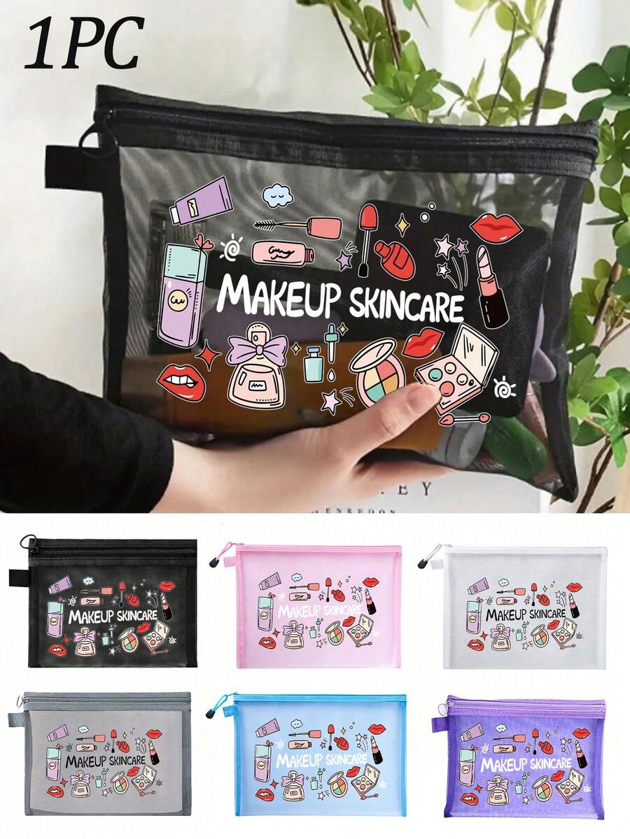 Makeup Bag With Makeup Pattern, Mesh Bag,Multifunctional Cosmetic Pouch, For Clips, Headbands,Red Air Cushion Storage Portable Storage Bag, Makeup Bag, Skincare Bag, Travel Essentials, Dormitory Supplies, Bathroom Storage, Jewelry Storage, Lip Oil And Cosmetics Storage Bag School Supplies Pouch ,Make Up Bag Holiday Essentials, Makeup Storage,Wedding Bride Gifts, Mother Gifts, Birthday Gifts, Gifts For Friends And Teachers - Multicolor - View 1