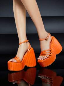 Women's Orange Crocodile Embossed Platform Open Toe Wedges | Y2K Chunky Strappy Vegan Sandals - trái cam - Xem 10