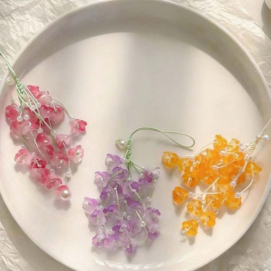 铃兰手机挂饰,仿珍珠水晶串珠防丢挂绳,可爱百搭包包/钥匙扣配饰 - 彩色 - 查看 1