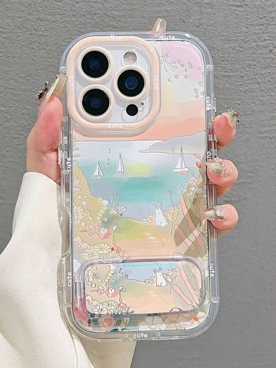 1pc Cute & Elegant Beach Floral Rabbit Phone Holder, Compatible With IPhone 17 Pro Max, 17 Pro, 17 Air, 17, 16, 15, 14, 13, 12, 11, Pro Max, Plus, Full-Body Protective Case - Multicolor - View 1