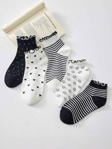 5/10 Pairs Women's Ruffled White & Black Short Socks, Heart Stripe Spot Patterns Elegant Style Ankle Socks, Suitable For All Seasons - Multicolor - View 7