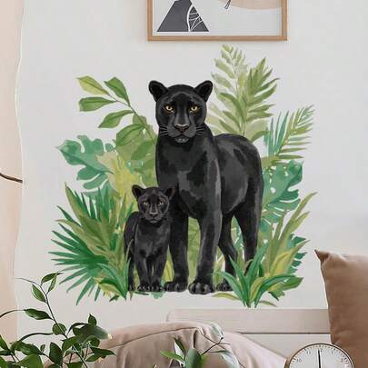 1 Pc Self-Adhesive Door Wall Stickers - & Cubs In Green Foliage, Peel And Stick Murals For Living Room, Bedroom, Office, Or Dorm Decor, Contemporary Style