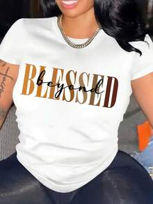 Camiseta de algodón de manga corta para mujer, camiseta Blessed para mujer, camiseta casual de manga corta, 1 pieza, 100% algodón grueso - Cuello redondo cómodo, camisetas suaves y adorables. - Blanco - Ver 4