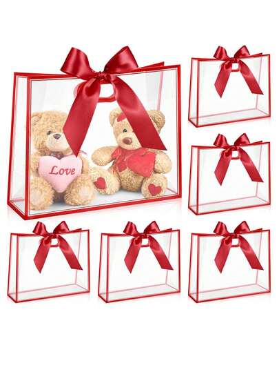 4 paquetes de bolsas de regalo de plástico transparente grande de 12.2 X 9.84 pulgadas, hechas de material PP de alta calidad con superficie lisa, ligeras e impermeables. Las bolsas de transporte de regalo son resistentes con asas troqueladas, bolsas de regalo con cinta roja para bodas, cumpleaños, graduaciones, despedidas de soltera y fiestas utilizadas para contener dulces, aperitivos y regalos (Rojo)