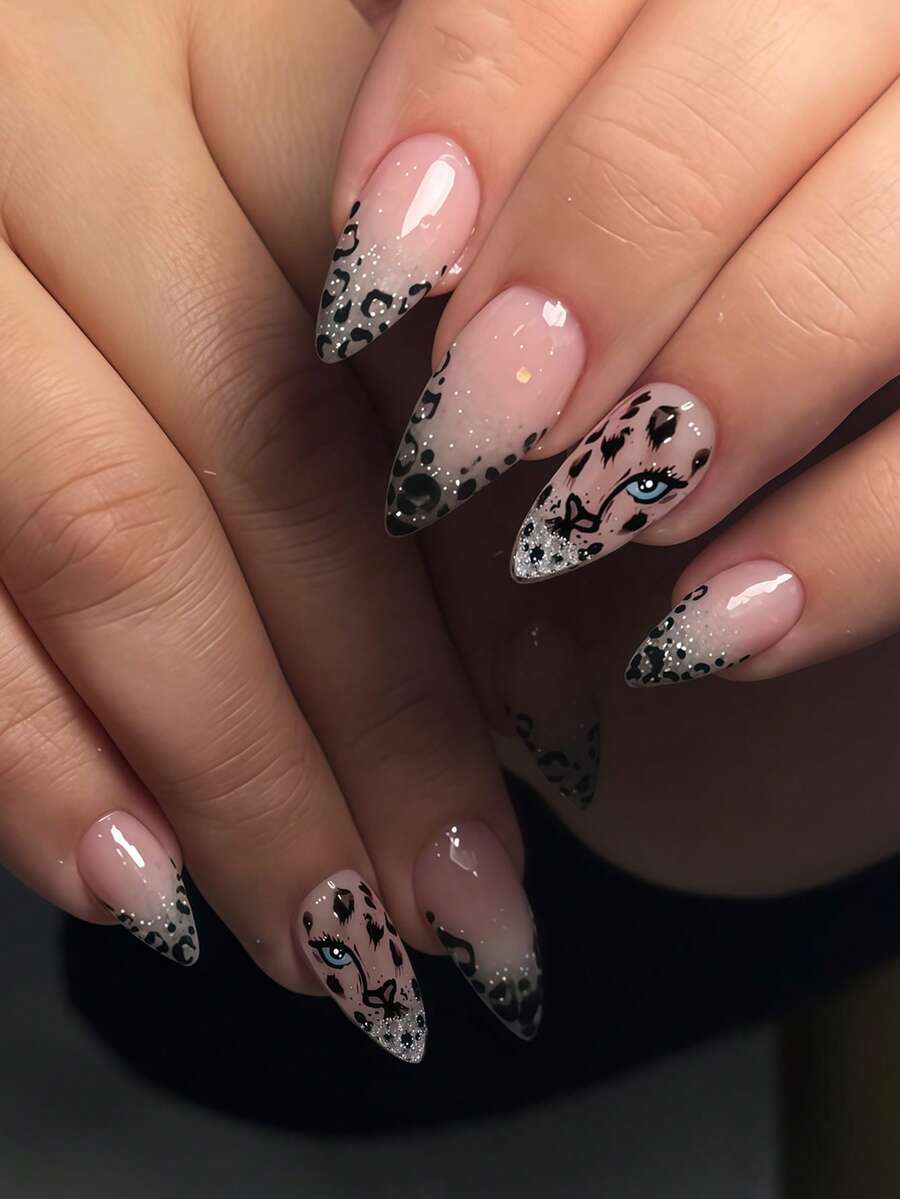 24pcs Y2K Cool Leopard Print Sequin French Style Full Coverage Fake Nails Set For Women And Girls, Romantic Vibe, Suitable For Party, Office, Daily Wear, Summer, Includes 1 Adhesive Sheet And 1 Mini Nail File, Glue Sent Randomly - Multicolor - View 1