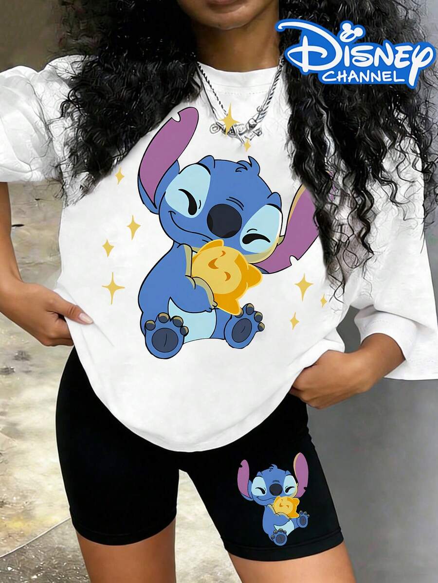 Disney Collaboration,Disney Stitch 2 Piece Outfit, Women's Lilo & Stitch T-Shirt And Biker Shorts Set, Casual Summer Tracksuit,Teacher Appreciation Gifts,4th Of July,Disney Kids - trắng - Xem 1