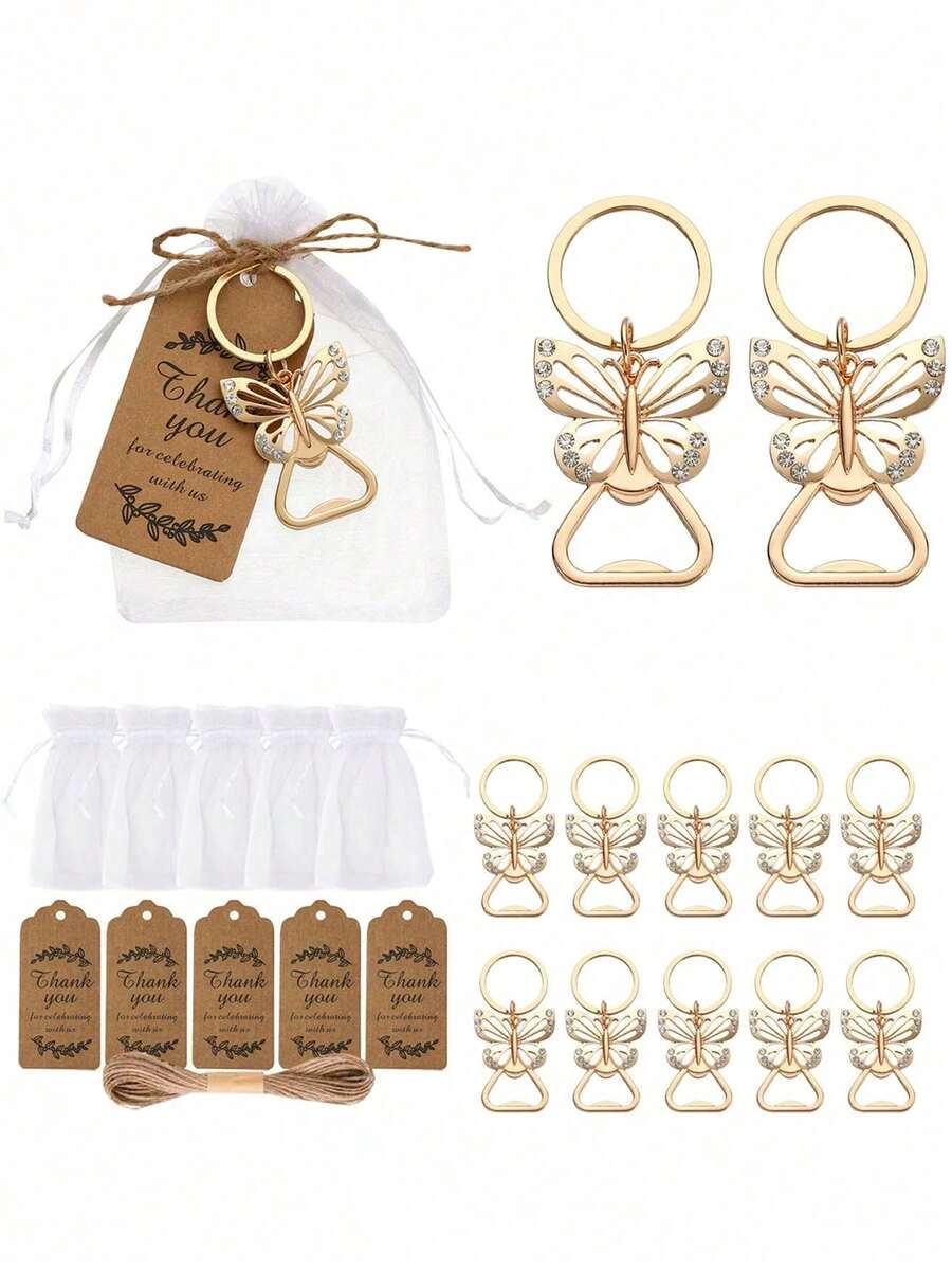 Set de 40 piezas/20 piezas de abrebotellas con diseño de mariposa - Incluye 5 abrebotellas, 5 tarjetas, 5 cuerdas y 5 bolsas de lino. Decorado con un patrón de mariposa, con un diseño exquisitamente calado, adecuado como decoración elegante o como obsequio ideal para fiestas. Excelente para el Día de la Madre, fiestas de cumpleaños, bodas, graduaciones, picnics, eventos temáticos y diversas celebraciones. - Talla única - Ver 1
