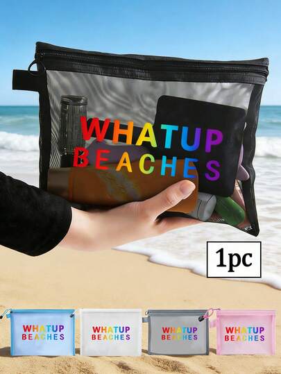 Túi lưới đi biển, túi đựng đồ trang điểm trong suốt với thiết kế chữ "WHATUP BEACHES", túi đựng đồ trang điểm có khóa kéo in chữ, túi đựng đồ lưới trong suốt/túi đựng đồ vệ sinh cá nhân, túi đựng mỹ phẩm xách tay, thích hợp để đựng mỹ phẩm, đồ chăm sóc da và sắp xếp đồ dùng trong phòng tắm, món quà lý tưởng cho phái nữ, giáo viên, mẹ, bạn bè, phòng ký túc xá, quà tặng Ngày của Mẹ, quà tốt nghiệp, quà du lịch, quà Phục Sinh, quà tựu trường.