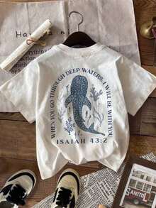 Casual Women's Round Neck Short Sleeve T-Shirt, Slim Fit, Suitable For Summer, Beach, Shark Pattern - White - View 2