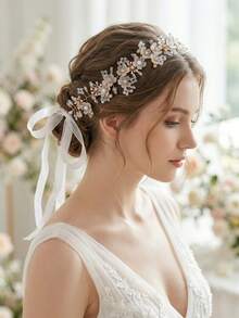 1件优雅花卉仿珍珠装饰新娘发箍，配丝带，浪漫婚礼新娘伴娘发饰，派对舞会发饰 - 金色 - 查看 4