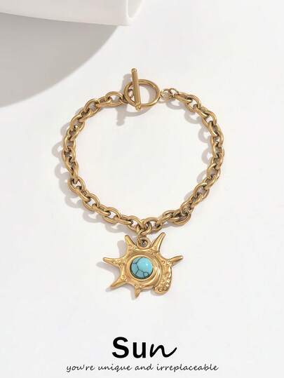 1pc Stainless Steel Ocean Starfish Pendant Bracelet With Turquoise Fashion 18K Gold Plated Chain Bracelets For Women Jewelry