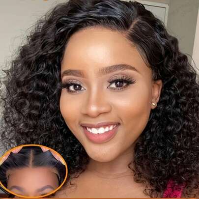 水波纹波波头假发，真人发，T13x5侧分透明蕾丝假发，预先拔毛，预先漂白，180%密度，女士短款假发，自然黑