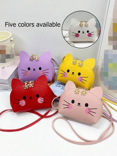 1pc Solid Color PU Leather Cute Cat Bag, Fashion Zipper Shoulder Crossbody Bag, Cartoon Coin Purse, Mini Handbag, Unique Design, Comfortable Adjustable Strap, Suitable For Daily Outings, Play, Holiday Parties, Great Gift For Kids