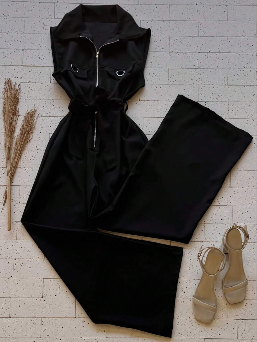 Casual Solid Color Polyester Jumpsuit With Pockets, Suitable For Summer Daily Wear Elegant Black - Black - View 1