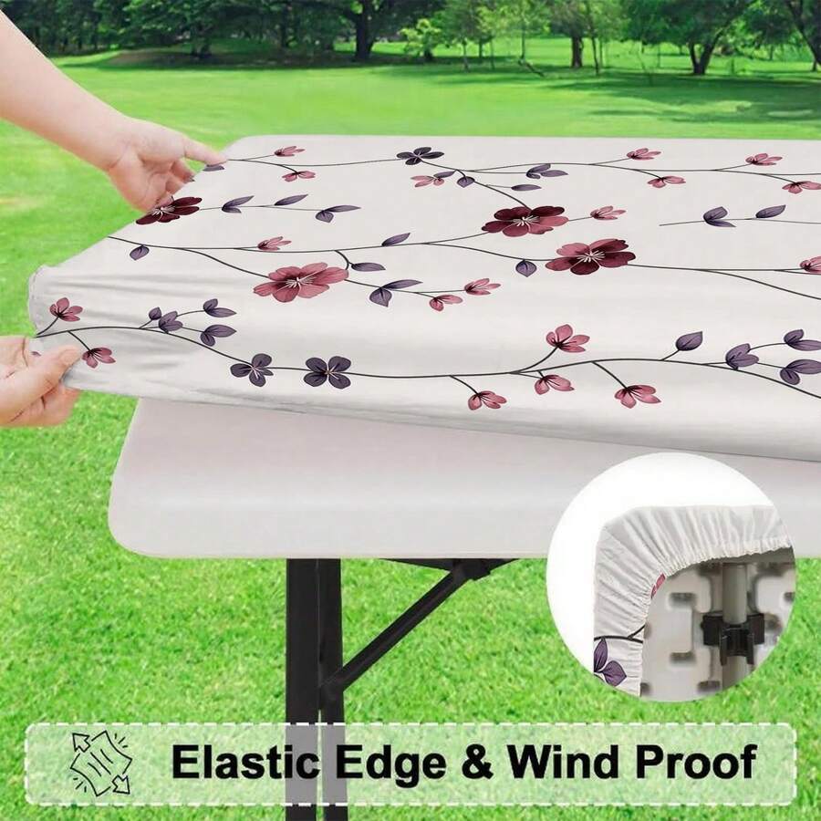 1pc White Base Blue Flower Elastic Table Cover, Waterproof Oilproof Outdoor Camping Picnic Rectangular Tablecloth Home Decor - A - View 1