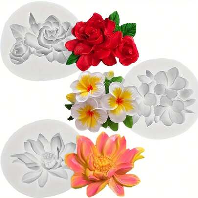 3件套花朵硅胶模具，包括芙蓉花、百合花和玫瑰花，适用于糖艺、纸杯蛋糕装饰、肥皂制作、软陶制作、工艺品制作、婚礼和生日蛋糕装饰。