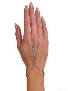 1 pieza Cadena de dedo de metal asimétrica con cristales de rinoceronte, accesorios elegantes de nicho para el uso diario, vacaciones de verano y festivales de las mujeres - Plateado - Ver 1