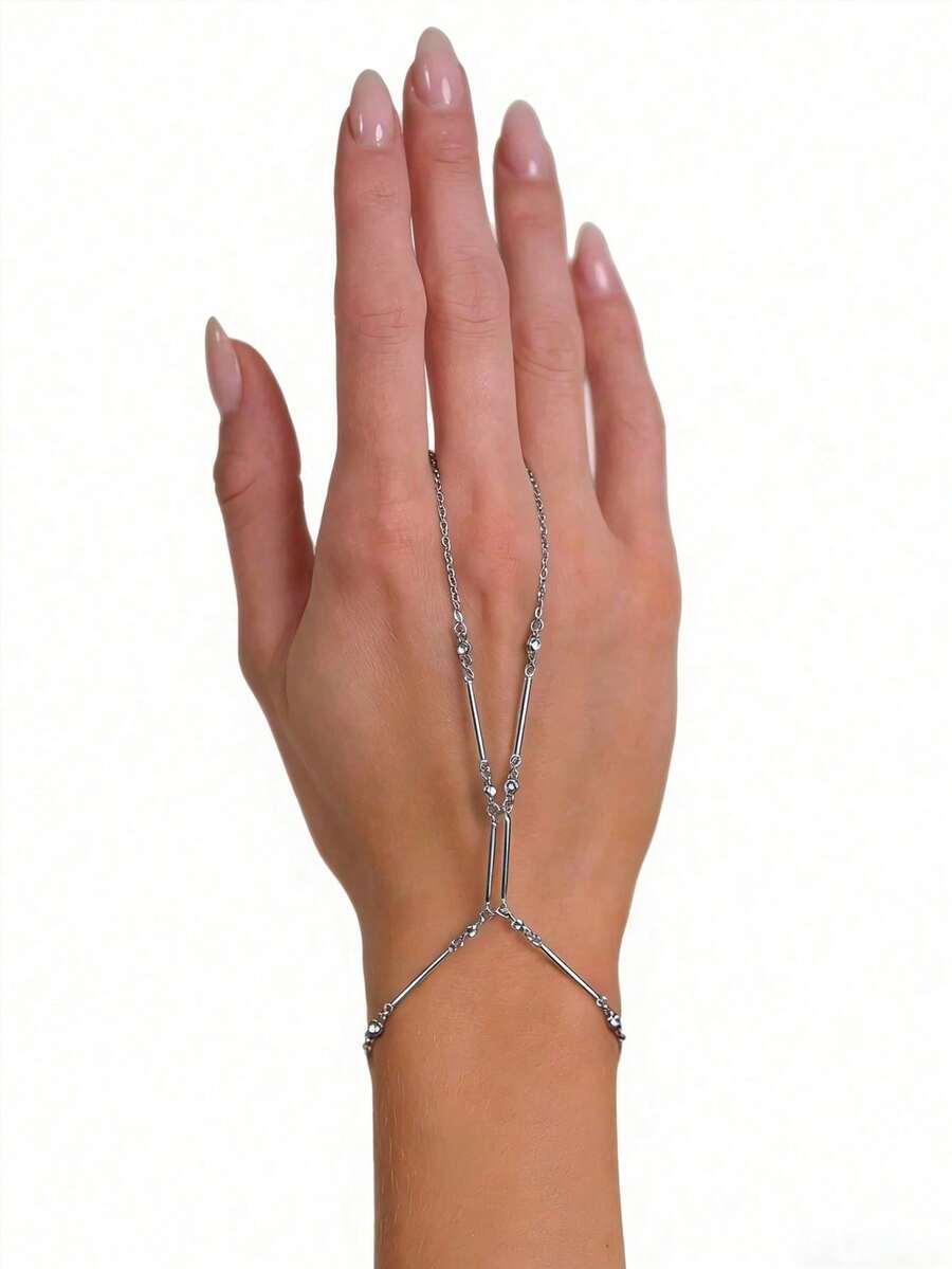 1 pieza Cadena de dedo de metal asimétrica con cristales de rinoceronte, accesorios elegantes de nicho para el uso diario, vacaciones de verano y festivales de las mujeres - Plateado - Ver 1