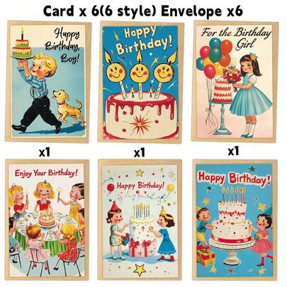 Bộ 6 thiệp chúc mừng sinh nhật kiểu cổ điển thập niên 1950 kèm phong bì - Thiệp chúc mừng sinh nhật phong cách hiện đại giữa thế kỷ, những lời chúc sinh nhật độc đáo dành cho bạn bè và gia đình, quà tặng sinh nhật cho bất kỳ ai.