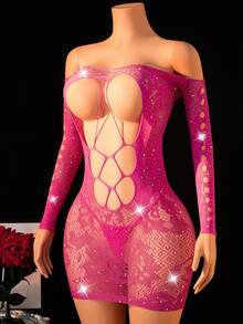 Bộ 2 món đồ lót gợi cảm cho nữ, đính đá lấp lánh, váy trễ vai, áo ngực hở lưng, váy ngắn và quần lọt khe, trang phục quyến rũ cho câu lạc bộ, tiệc tùng. - Màu Hồng Tươi - Xem 3