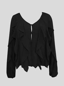 Women's Elegant V-Neck Ruffle Hem Asymmetric Button-Front Casual Chiffon Blouse, Long Sleeve Black Summer - Black - View 5
