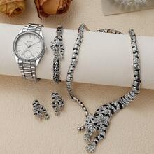 Conjunto de joyería de 5 piezas con reloj de mujer, diseño de leopardo y estrella con diamantes, reloj de cuarzo casual, elegante y versátil, adecuado para cumpleaños, Día de la Madre, regalo para la novia (sin caja) - Multicolor - Ver 2