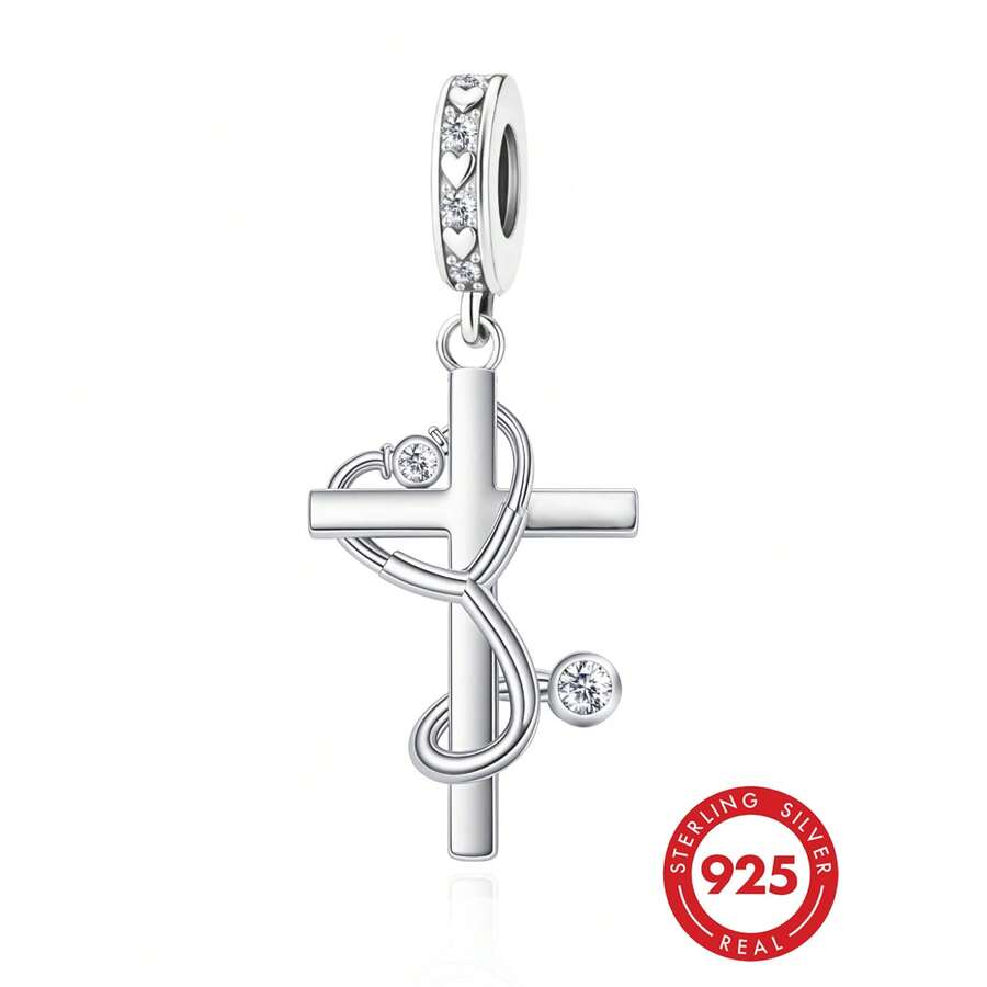 1pc Minimalist 925 Sterling Silver Cubic Zirconia Cross Pendant, Unisex DIY Souvenir Birthday Gift - Silver - View 1