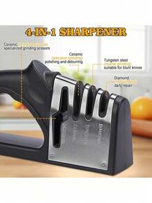Afilador de cuchillos manual 4 en 1 adecuado para cuchillos de cocina, cuchillos de fruta, cuchillos de acero y tijeras, con 3 niveles de afilado de precisión. Base antideslizante, apto para uso doméstico - Multicolor - Ver 6