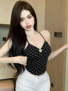 Áo croptop hai dây hở lưng gợi cảm hình trái tim chấm bi, có đệm ngực, thích hợp cho hẹn hò, đi chơi, đi làm, ngày Valentine, kỳ nghỉ. - Nền đen có chấm trắng - Xem 5