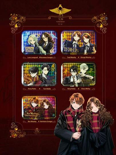 Harry Potter Bộ huy hiệu thiếc hình chữ nhật mạ vàng gồm 1 huy hiệu có hình các nhân vật Harry, Hermione, Ron, Luna, Malfoy, Fred & George, Tom – Món quà lưu niệm anime hoàn hảo dành cho người hâm mộ và nhà sưu tập.