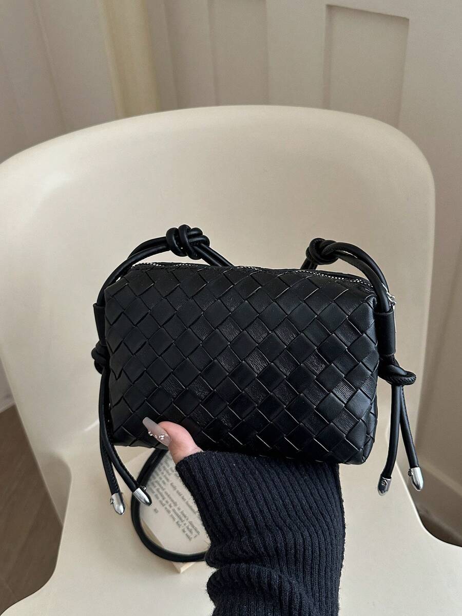 Minimalist Solid Color Mini Woven Texture PU Camera Bag, Portable Crossbody Bag, Suitable For Women - Black - View 1