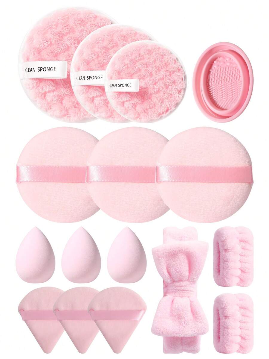 16PCS Makeup Tools Set Including:3PCS Makeup Sponges+3PCS Triangle Powder Puffs+3PCS Circular Powder Puffs+3PCS Facial Cleansing Sponges+1pc Hairband+2PCS Hand Bowl Strap+1pc Makeup Brush Cleaning Tools - Pink - View 1