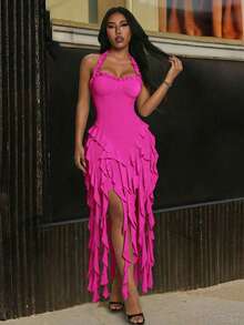 Jellyfish Ruffle Halter Sexy Dress, Graduation Gown Party Summer Elegant - Hot Pink - View 7
