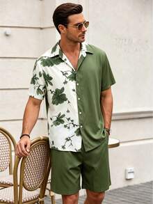 Men's Short Sleeve Printed Shirt Set - Army Green - View 3
