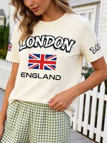 Camiseta Gráfica para Mujer de Independence Day, Estampado de Bandera y Letras, Cuello Redondo, Manga Corta, Largo Regular, Holgada para Uso Diario de Verano - Amarillo - Ver 5