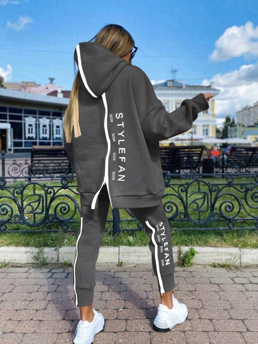 时尚女装双拉链前后字母印花宽松长款套装休闲春季 - 深灰色 - 查看 1