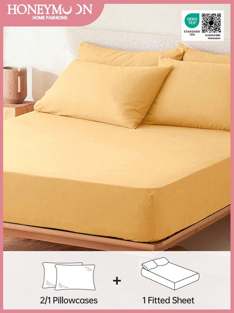 2/3pcs Solid Color Fitted Sheet, Mattress Protector, Mattress Cover, Deep Pocket Fitted Sheet, Soft & Breathable, Fits Twin, Full, Queen, King Size Beds - 14 Inch/35cm Deep Pocket, Machine Washable, Oeko-Tex Certified - Buff Yellow - View 1