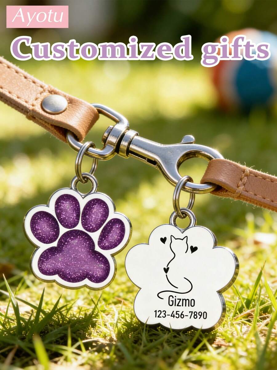 Ayotu Customized Pet Cat ID Tag, Pet Icon Line Style Pattern, Customized Keychain, Aluminum Alloy Dog Collar Tag, Laser Engraved Anti-Fading, Fashionable Multicolor Retro Cute Minimalist Unique Personalized Design, Perfect Birthday, New Year, Christmas Gift For Pet Lovers - Multicolor - View 1