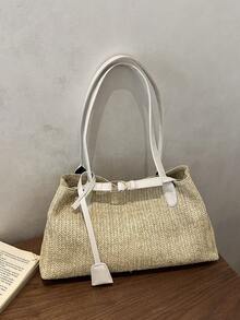 夏季新款卡其色编织腋下包，大容量草编单肩包，通勤度假多功能手提包 - 卡其色 - 查看 10