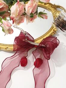 1pc Retro Chiffon Bow Hair Clip, Fluffy Ribbon Tulip Hair Accessory, Suitable For Woodland/Wedding/Daily Use - Multicolor - View 4