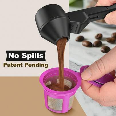 1 pieza Cuchara y embudo negro para cápsulas de café recargables, cuchara medidora de café de 2 cucharadas, cuchara con embudo para café molido, proteína en polvo, té