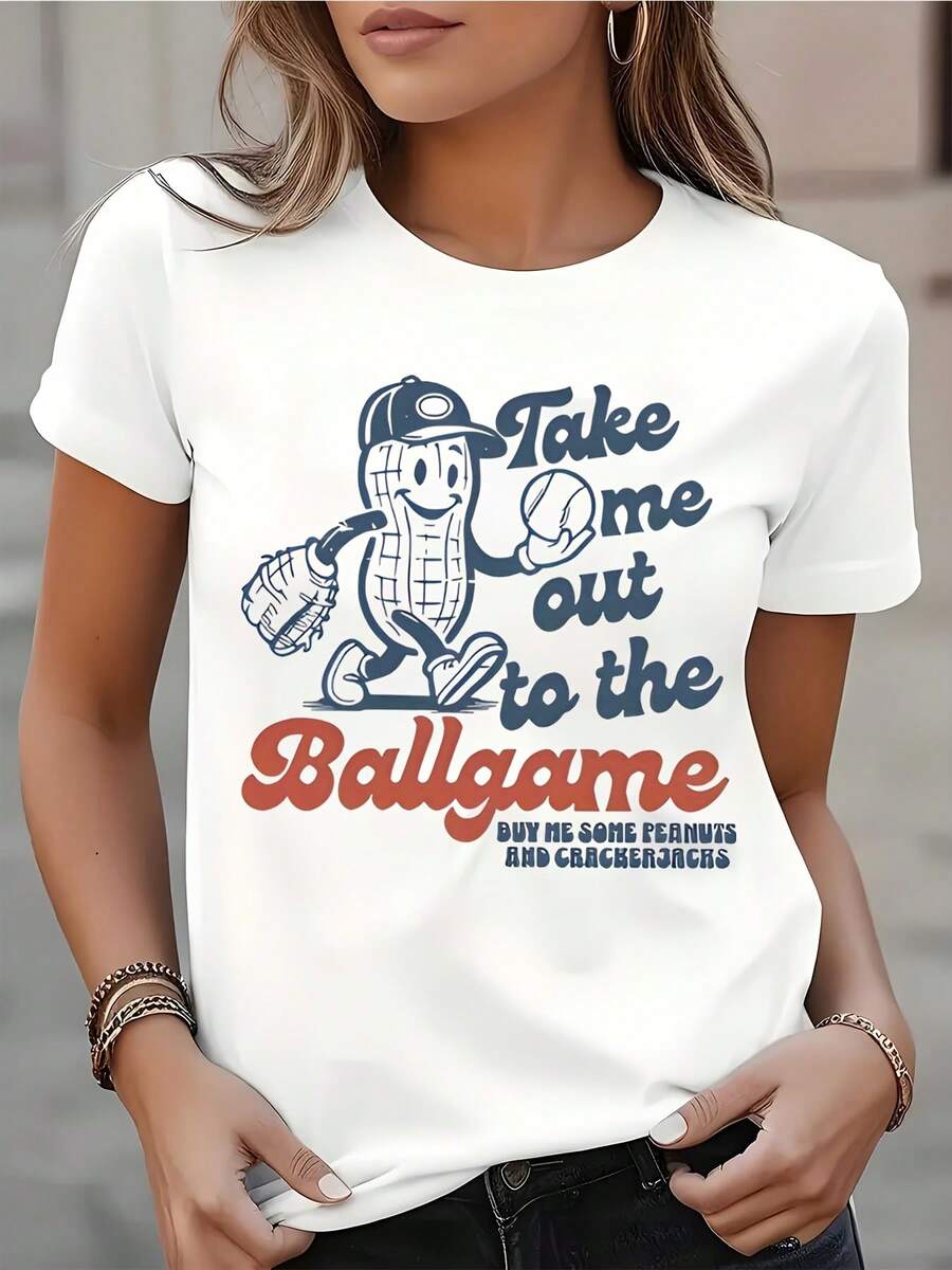 Women's Peanut Character Take Me Out To The Ballgame Print Round Neck Short Sleeve T-Shirt Baseball Game Casual Wear For Spring Summer Comfortable Fabric Suitable For Gift 220g - 白色 - 查看 1