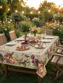 1 Pc Watercolor Bird Rose Flower Print Round & Rectangle White Tablecloth, Romantic Country Rustic Style Premium Polyester Waterproof Stain Resistant Oil-Proof Dust-Proof Washable Reusable Spring Summer Tablecloth For Home Decor, Kitchen Wedding, Wedding Table, Centrepiece Room Decor - Multicolor - View 10