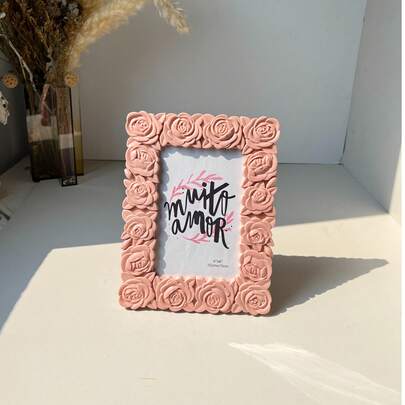 4x6 Inch Pink 3D Rose Embossed Plastic Photo Frame, Full Rose Flower Border Desk Display, Romantic Home Decor, Gift For Valentine's Day/Wedding/Anniversary