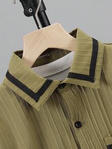 2pcs/Set Tween Boy Casual Textured Linen Contrast Trim Polo Collar Short Sleeve Cardigan And Shorts, Summer - Army Green - View 4