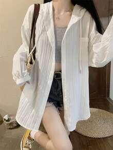 Women Solid Color Drawstring Pocket Long Sleeve Hooded Shirt, Spring/Summer Daily Wear White - White - View 1