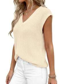 Women's Knit Sweaters Vest Lightweight Spring Cap Sleeve V Neck Tank Tops Summer Going Out Outfits - Beige - View 6