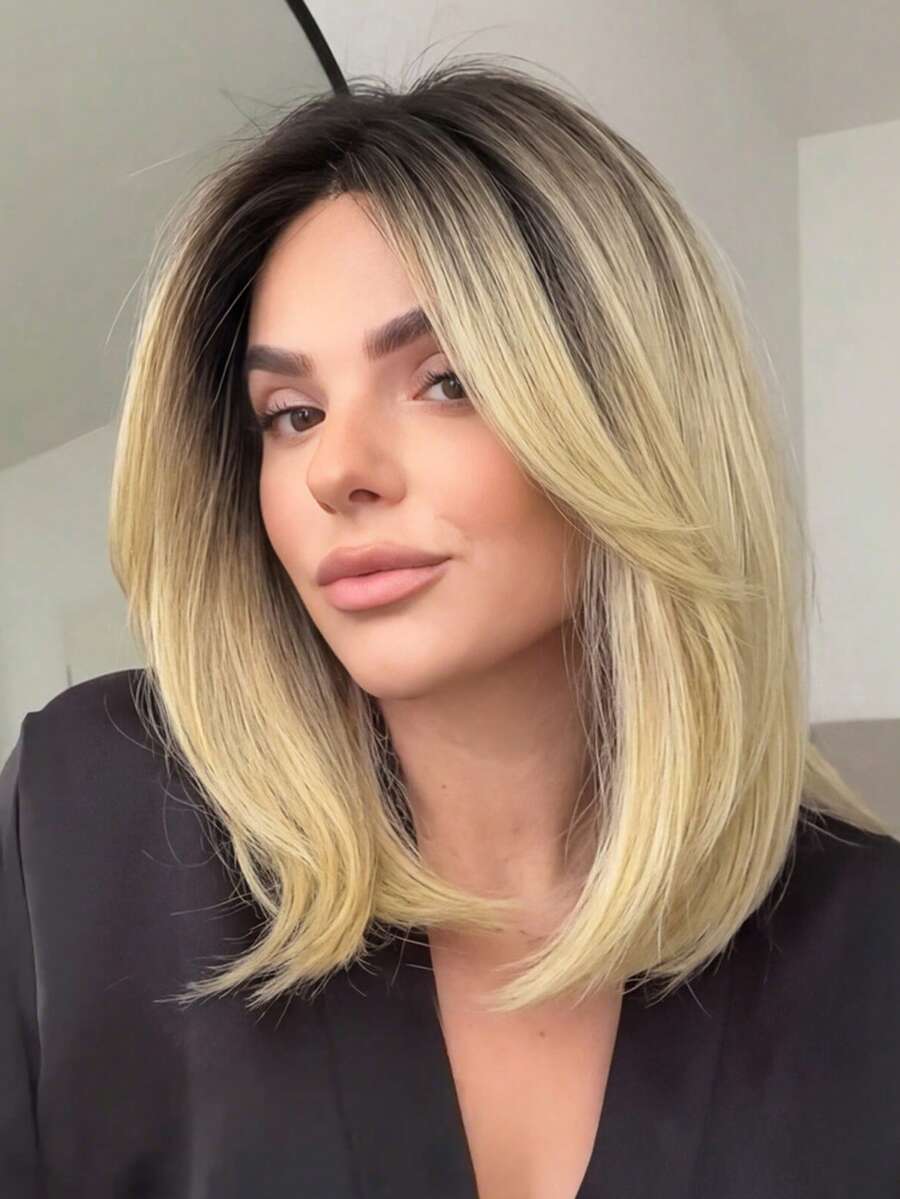 14 Inch Golden Short Straight Bob Wig, Ombre Gold Shoulder Length Synthetic Fiber Heat Resistant Wig For Daily Wear, Party, Cosplay - Multicolor - View 1
